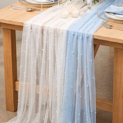 4 Pack Pearl Tulle Table Runner, 2 White 2 Light Blue in 30 x 118 inch in White and Light Blue