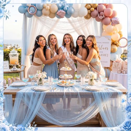 4 Pack Pearl Tulle Table Runner, 2 White 2 Light Blue in 30 x 118 inch in White and Light Blue, alternate view 2