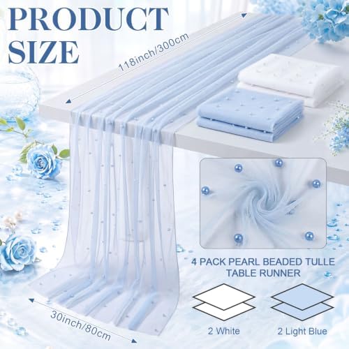 4 Pack Pearl Tulle Table Runner, 2 White 2 Light Blue in 30 x 118 inch in White and Light Blue, alternate view 3
