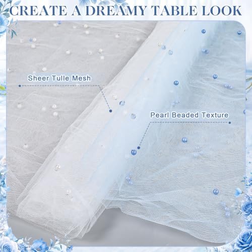4 Pack Pearl Tulle Table Runner, 2 White 2 Light Blue in 30 x 118 inch in White and Light Blue, alternate view 4