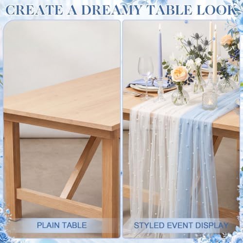 4 Pack Pearl Tulle Table Runner, 2 White 2 Light Blue in 30 x 118 inch in White and Light Blue, alternate view 5