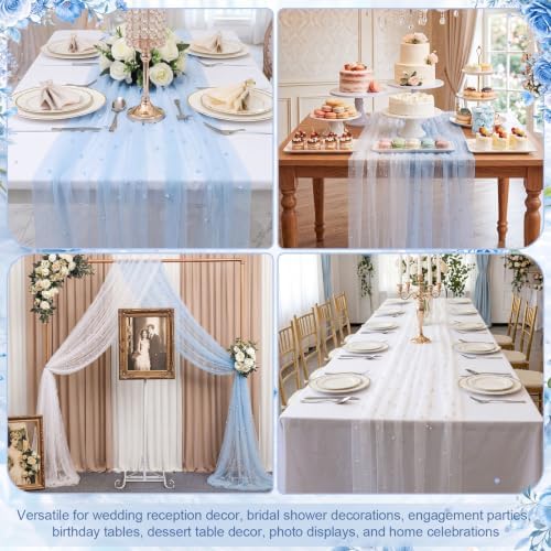 4 Pack Pearl Tulle Table Runner, 2 White 2 Light Blue in 30 x 118 inch in White and Light Blue, alternate view 6