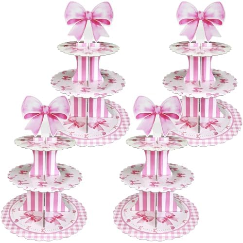 4 Pack Pink Bow Cupcake Stands, 3 Tier Dessert Towers for Parties in Pink