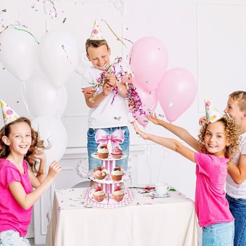 4 Pack Pink Bow Cupcake Stands, 3 Tier Dessert Towers for Parties in Pink, alternate view 2