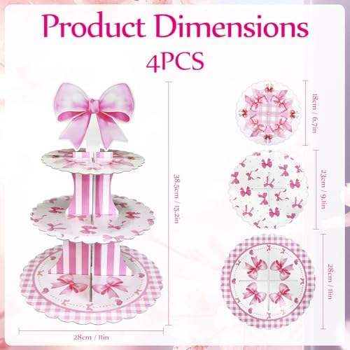 4 Pack Pink Bow Cupcake Stands, 3 Tier Dessert Towers for Parties in Pink, alternate view 3