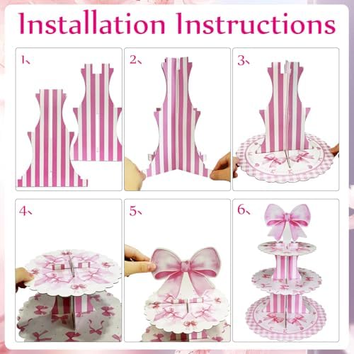 4 Pack Pink Bow Cupcake Stands, 3 Tier Dessert Towers for Parties in Pink, alternate view 5