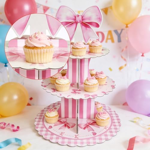 4 Pack Pink Bow Cupcake Stands, 3 Tier Dessert Towers for Parties in Pink, alternate view 7