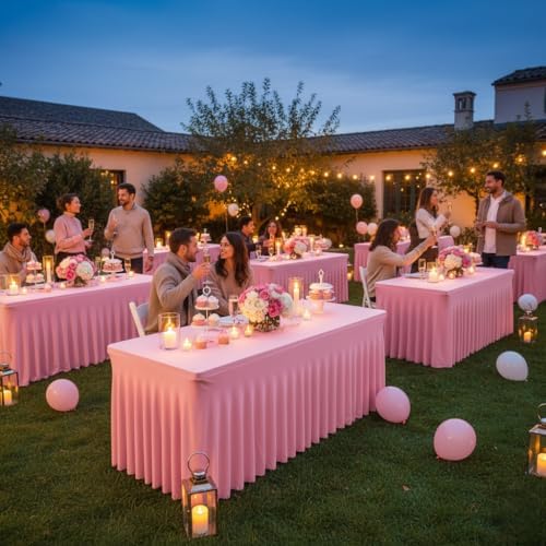 4 Pack Pink Spandex Table Covers 6ft Rectangle Ruffle Skirts for Party, alternate view 4