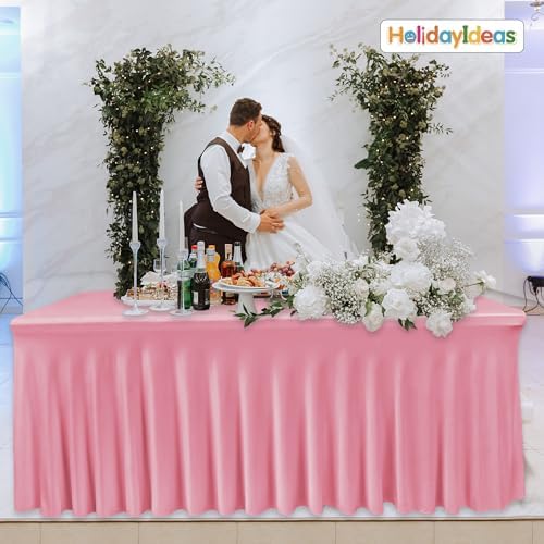 4 Pack Pink Spandex Table Covers 6ft Rectangle Ruffle Skirts for Party, alternate view 6