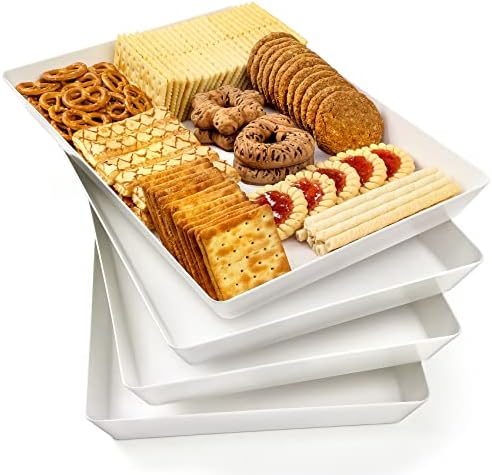 4-Pack Plastic 16" x 11" Large White Serving Trays Set - Reusable Serving Platters for Cookie, Appetizer
