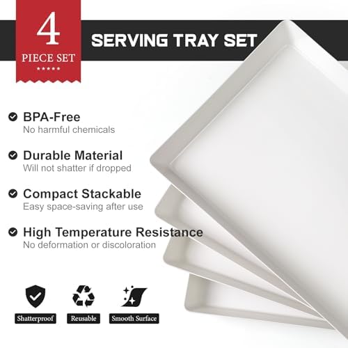 4-Pack Plastic 16" x 11" Large White Serving Trays Set - Reusable Serving Platters for Cookie, Appetizer, alternate view 5