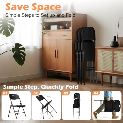 4 Pack Plastic Folding Chairs, Capacity 450 LBS Foldable Chair, Black in Black, alternate view 6