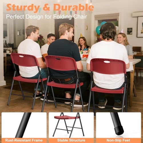 4 Pack Plastic Folding Chairs, Capacity 450 LBS Foldable Chair, Burgundy, alternate view 4