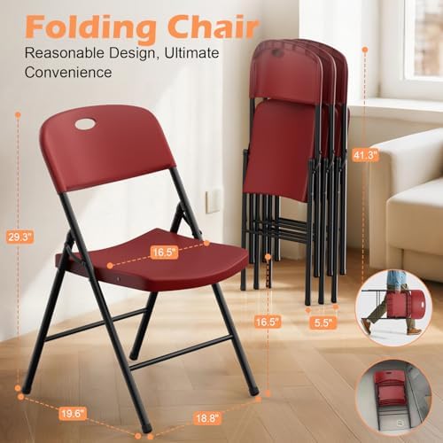 4 Pack Plastic Folding Chairs, Capacity 450 LBS Foldable Chair, Burgundy, alternate view 7