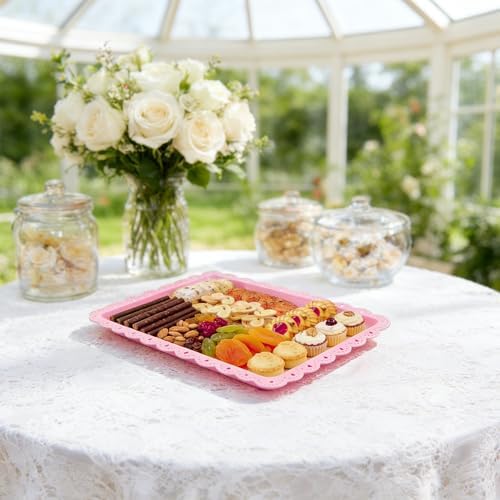 4 Pack Plastic Serving Tray for Party, 14.5 x 9.4 Inch Heavy Duty Platters for Party Buffet Wedding (Pink) in, alternate view