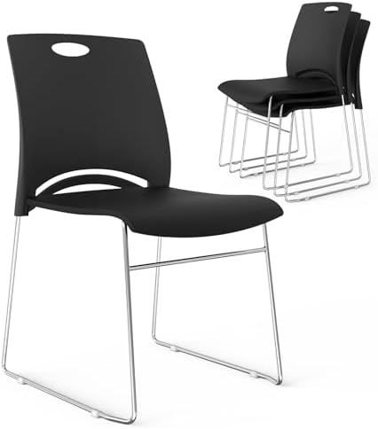 4 Pack Plastic Stacking Chairs, Stackable Office Chair, Black in Black