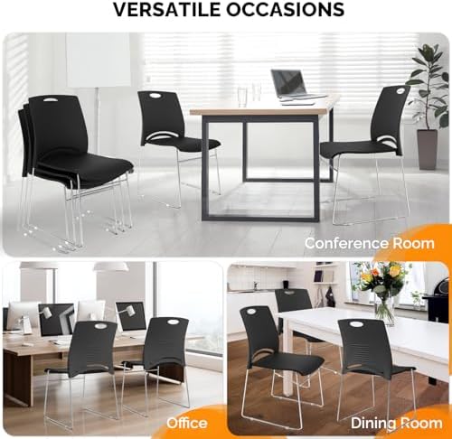 4 Pack Plastic Stacking Chairs, Stackable Office Chair, Black in Black, alternate view 6
