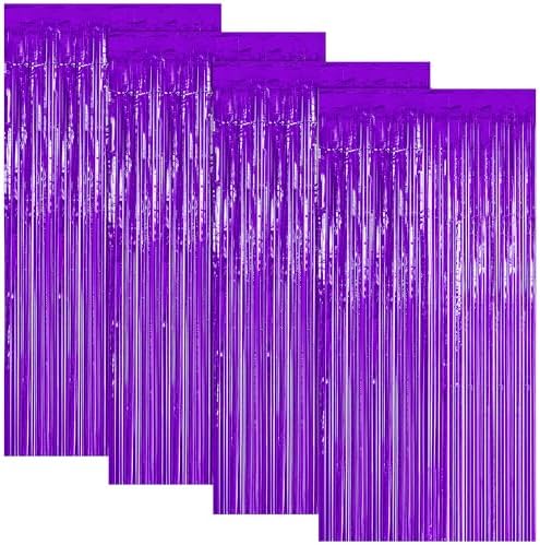 4 Pack Purple Foil Fringe Curtains, Party Backdrop Halloween Decorations in 3.28 x 6.56 FT in Purple