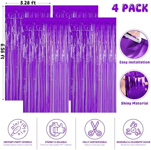 4 Pack Purple Foil Fringe Curtains, Party Backdrop Halloween Decorations in 3.28 x 6.56 FT in Purple, alternate view 2
