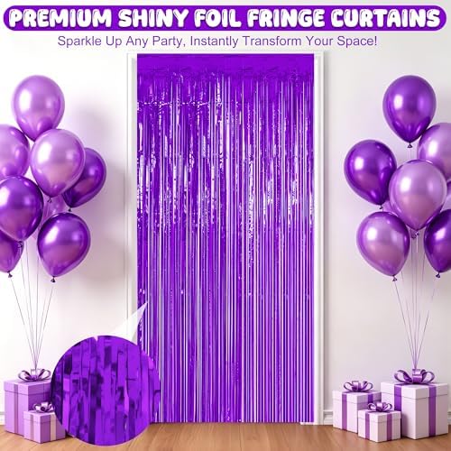 4 Pack Purple Foil Fringe Curtains, Party Backdrop Halloween Decorations in 3.28 x 6.56 FT in Purple, alternate view 3