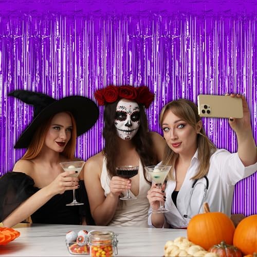 4 Pack Purple Foil Fringe Curtains, Party Backdrop Halloween Decorations in 3.28 x 6.56 FT in Purple, alternate view 5