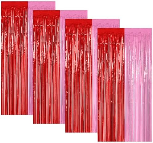 4 Pack Red Pink Foil Party Backdrop for Valentines Birthday Party Decor in 3.28 x 6.56 FT in RedPink