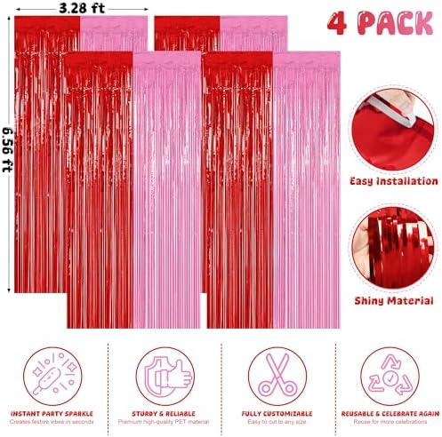 4 Pack Red Pink Foil Party Backdrop for Valentines Birthday Party Decor in 3.28 x 6.56 FT in RedPink, alternate view 2
