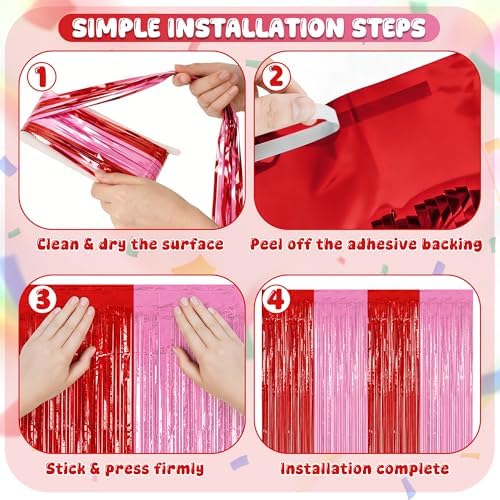 4 Pack Red Pink Foil Party Backdrop for Valentines Birthday Party Decor in 3.28 x 6.56 FT in RedPink, alternate view 4