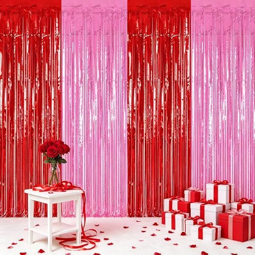 4 Pack Red Pink Foil Party Backdrop for Valentines Birthday Party Decor in 3.28 x 6.56 FT in RedPink, alternate view 7
