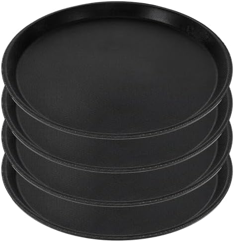 4 Pack Restaurant Serving Tray, 11 Inch Round Plastic Food Service Tray with Non-Slip Surface & Raised Edges for