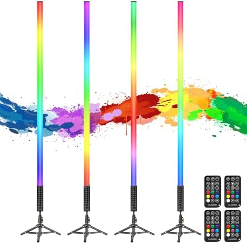 4 Pack RGB Tube Light 4ft 5000mAh Rechargeable Battery 10W LED Video Light with Tripod, 13-Level Brightness, 500