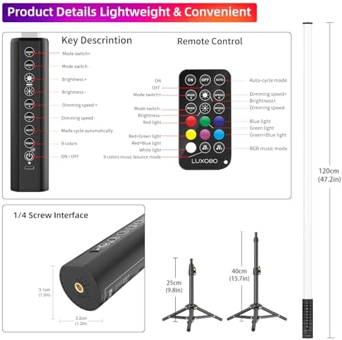 4 Pack RGB Tube Light 4ft 5000mAh Rechargeable Battery 10W LED Video Light with Tripod, 13-Level Brightness, 500, alternate