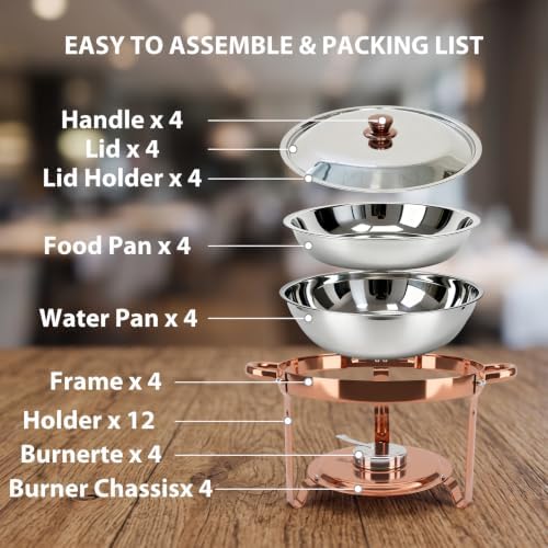 4-Pack Rose Gold Chafing Dishes for Buffet - 6QT 304 Stainless Steel Complete Food Warmer Set with Lids, Water, alternate