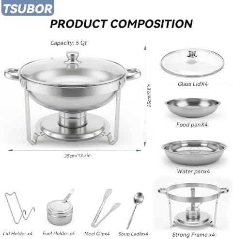 4 Pack Round Chafing Dishes for Buffet 5 QT Food Warmers, alternate view 2