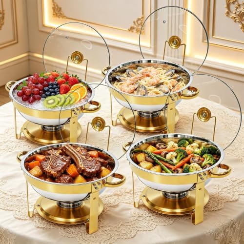 4 Pack Round Large Chafing Dishes for Buffet with Clear Glass Lids, 6QT
