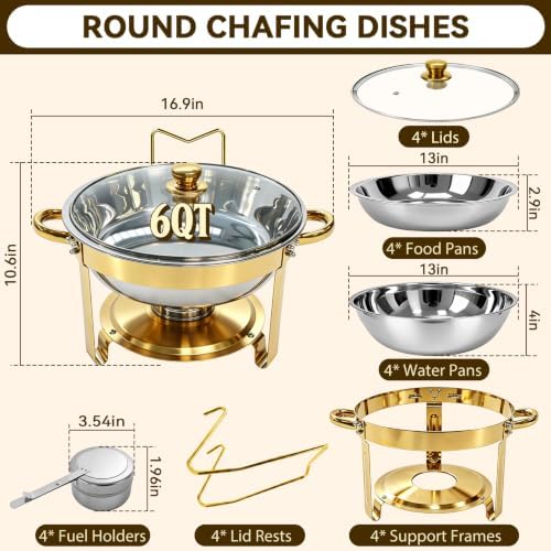 4 Pack Round Large Chafing Dishes for Buffet with Clear Glass Lids, 6QT, alternate view 2