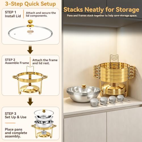 4 Pack Round Large Chafing Dishes for Buffet with Clear Glass Lids, 6QT, alternate view 6