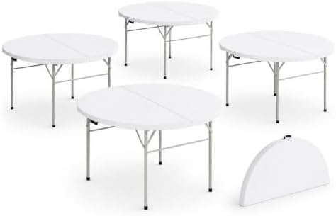 4 Pack Round Plastic Bi-Fold Folding Table, 60 Inch, Granite White, Alloy Steel Frame, for Banquets, Catering
