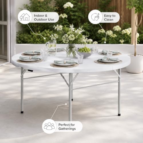 4 Pack Round Plastic Bi-Fold Folding Table, 60 Inch, Granite White, Alloy Steel Frame, for Banquets, Catering, alternate view