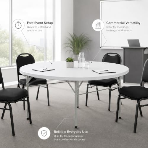 4 Pack Round Plastic Bi-Fold Folding Table, 60 Inch, Granite White, Alloy Steel Frame, for Banquets, Catering, alternate view