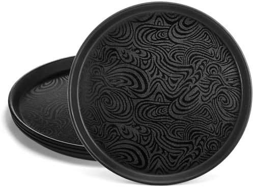 4 Pack Round Restaurant Serving Tray, 14 Inch Black Plastic Server Tray Non-Slip Food Serving Platter for