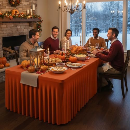 4 Pack Rust Spandex Table Skirts 6ft Fall Tablecloths Ruffle in 30x72 Inch| 4 Pack in Rust, alternate view 3
