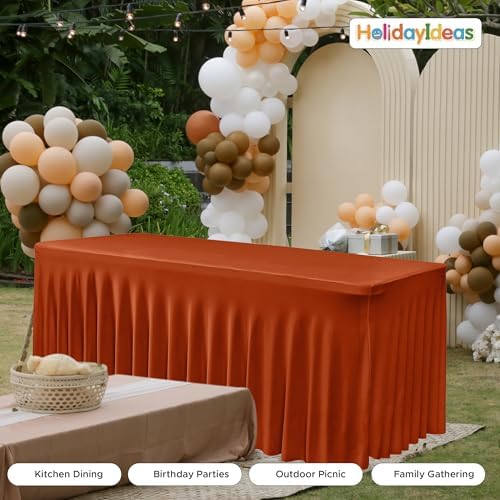 4 Pack Rust Spandex Table Skirts 6ft Fall Tablecloths Ruffle in 30x72 Inch| 4 Pack in Rust, alternate view 6