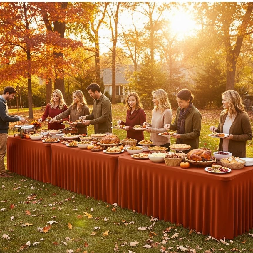 4 Pack Rust Spandex Table Skirts 8ft Fall Tablecloths Ruffle in 30x96 Inch| 4 Pack in Rust, alternate view 4