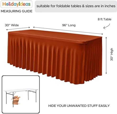 4 Pack Rust Spandex Table Skirts 8ft Fall Tablecloths Ruffle in 30x96 Inch| 4 Pack in Rust, alternate view 5