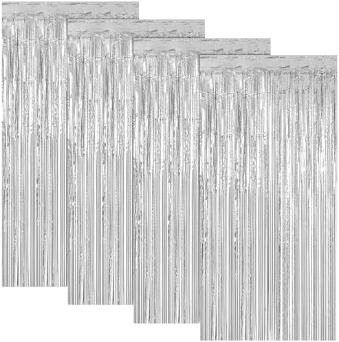 4 Pack Silver Metallic Fringe Curtain, Christmas New Year Party Decorations in 3.28 x 6.56 FT in Silver