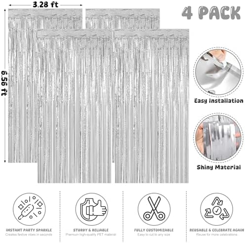 4 Pack Silver Metallic Fringe Curtain, Christmas New Year Party Decorations in 3.28 x 6.56 FT in Silver, alternate view 2