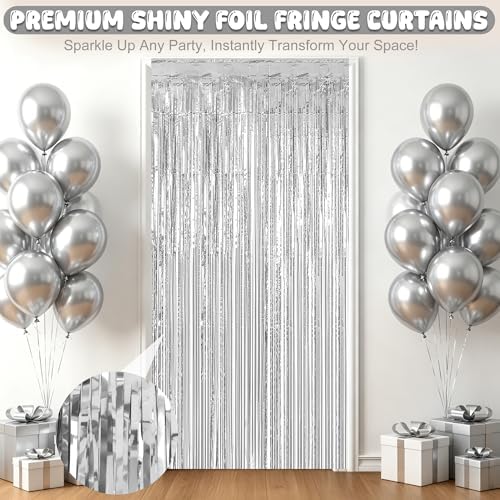 4 Pack Silver Metallic Fringe Curtain, Christmas New Year Party Decorations in 3.28 x 6.56 FT in Silver, alternate view 3