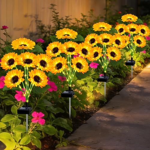 4 Pack Solar Sunflower Lights with 24 Solar Flowers Garden Decor in Yellow