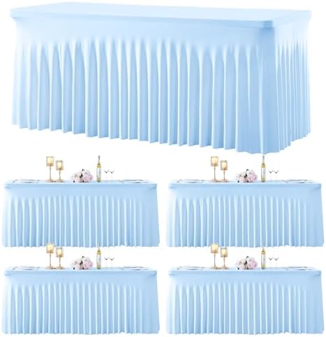 4 Pack Spandex Baby Blue Fitted Table Cloth for 8ft Rectangle Tables Light Blue Stretch Tablecloth Banquet Table